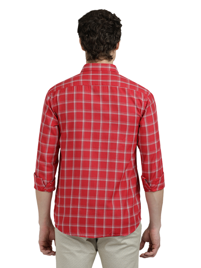 Model wearing Clarke Gable's Red With White Checked Semi Casual Shirt in a casual setting