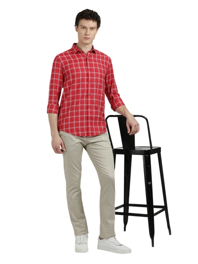 Model wearing Clarke Gable's Red With White Checked Semi Casual Shirt in a casual setting