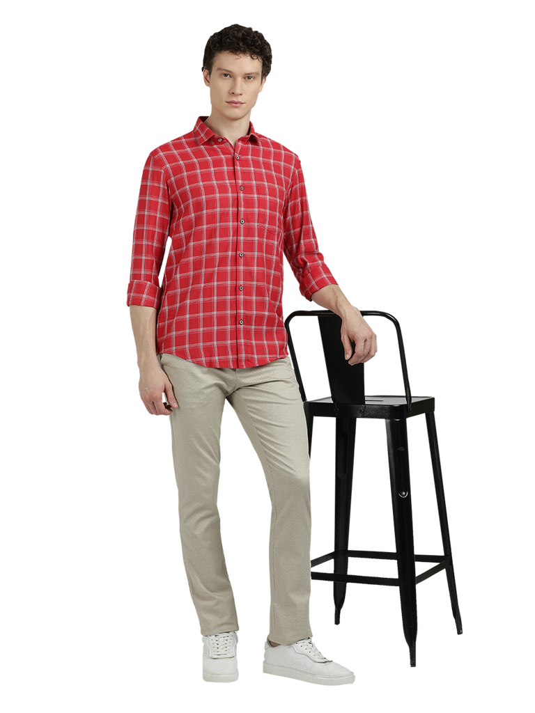 Model wearing Clarke Gable's Red With White Checked Semi Casual Shirt in a casual setting