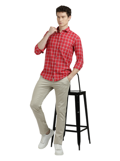 Model wearing Clarke Gable's Red With White Checked Semi Casual Shirt in a casual setting