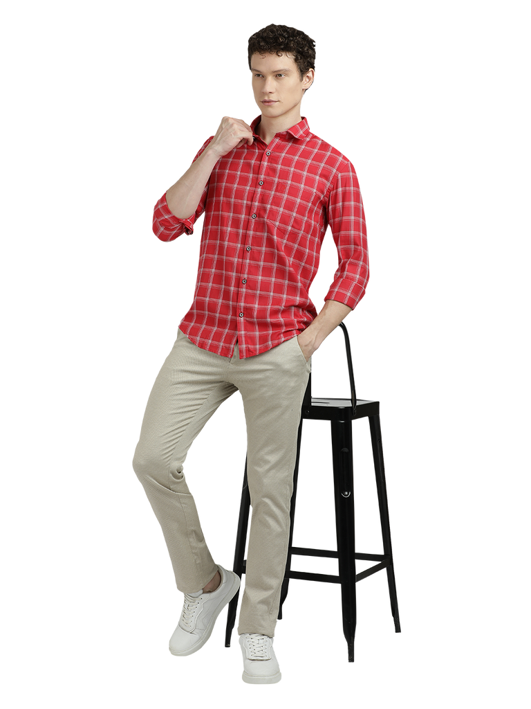 Model wearing Clarke Gable's Red With White Checked Semi Casual Shirt in a casual setting