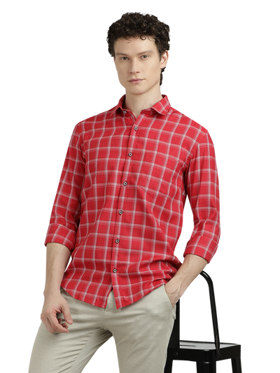 Model wearing Clarke Gable's Red With White Checked Semi Casual Shirt in a casual setting