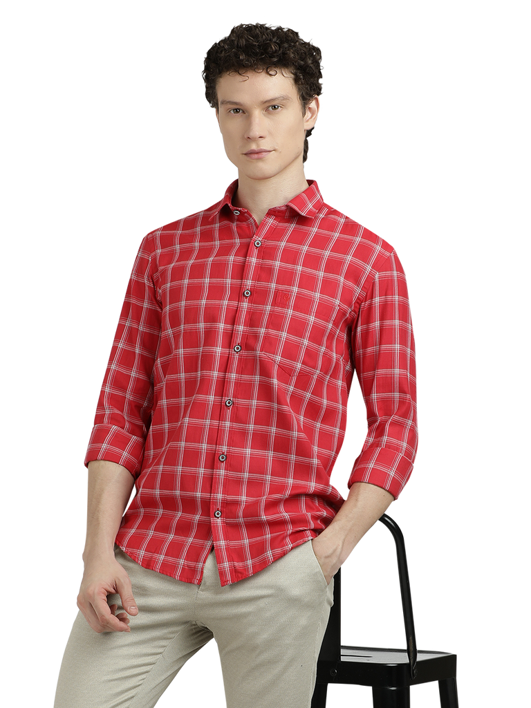 Model wearing Clarke Gable's Red With White Checked Semi Casual Shirt in a casual setting