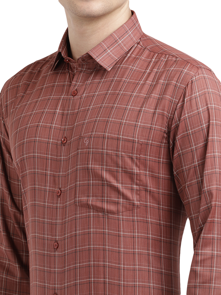 Model wearing Clarke Gable's Reddish Brown Checked Formal Shirt in a casual setting