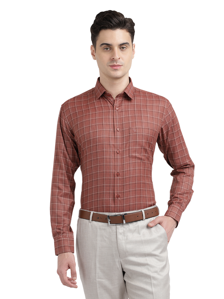 Model wearing Clarke Gable's Reddish Brown Checked Formal Shirt in a casual setting