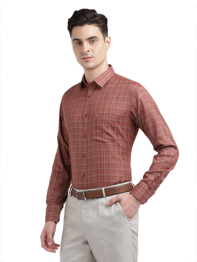 Model wearing Clarke Gable's Reddish Brown Checked Formal Shirt in a casual setting