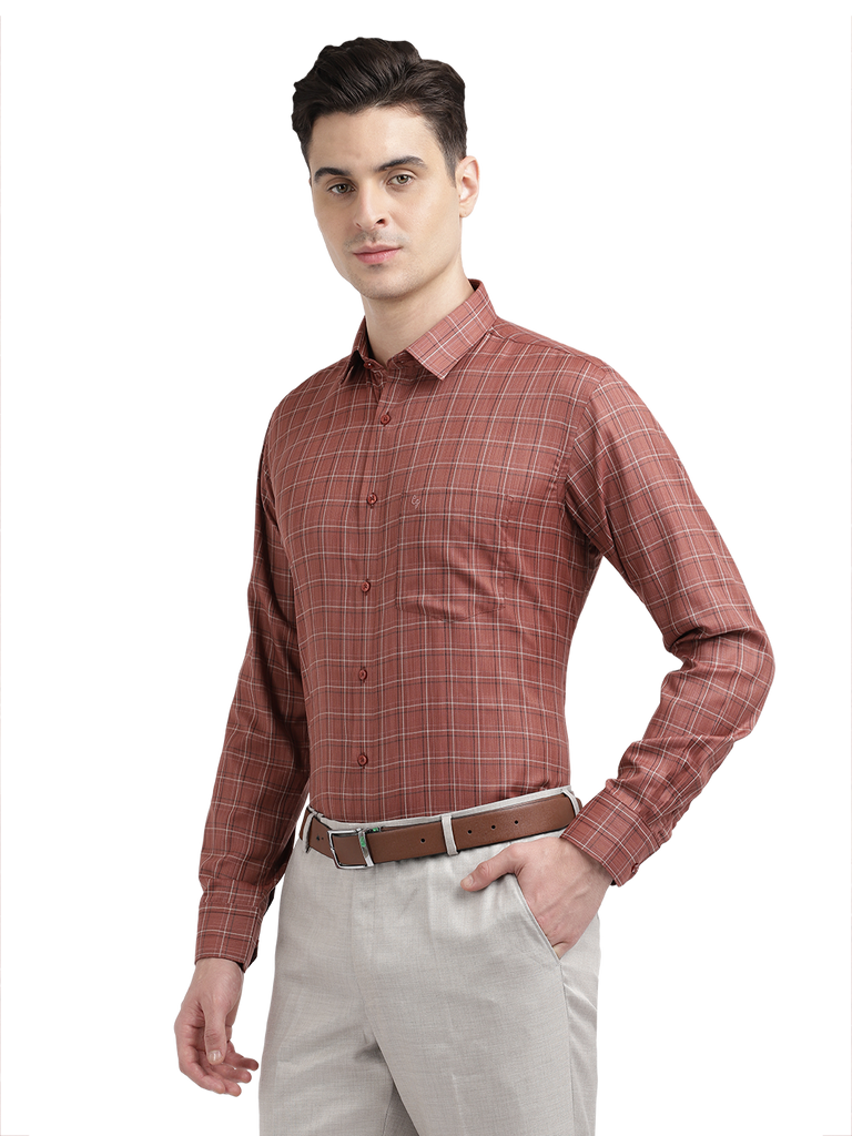 Model wearing Clarke Gable's Reddish Brown Checked Formal Shirt in a casual setting