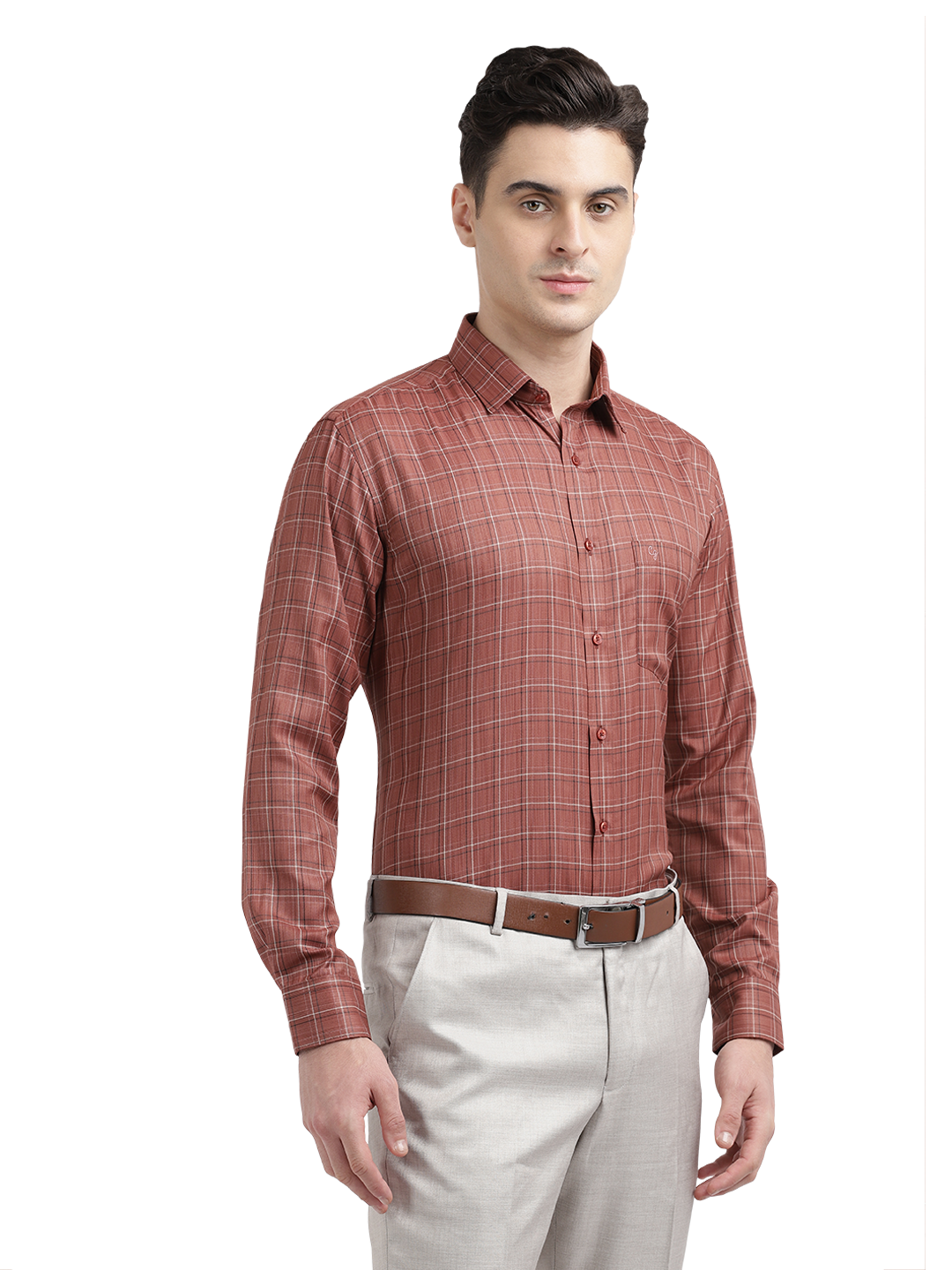 Model wearing Clarke Gable's Reddish Brown Checked Formal Shirt in a casual setting