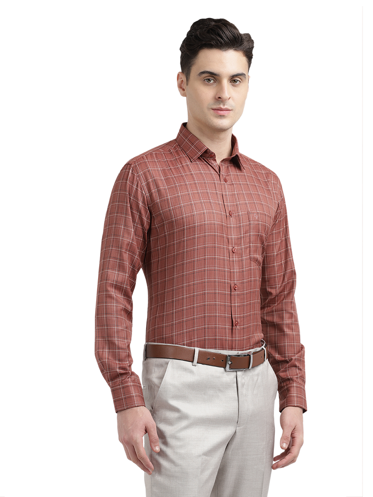 Model wearing Clarke Gable's Reddish Brown Checked Formal Shirt in a casual setting