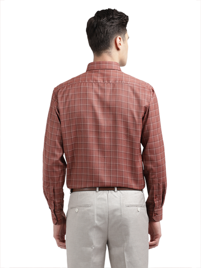Model wearing Clarke Gable's Reddish Brown Checked Formal Shirt in a casual setting