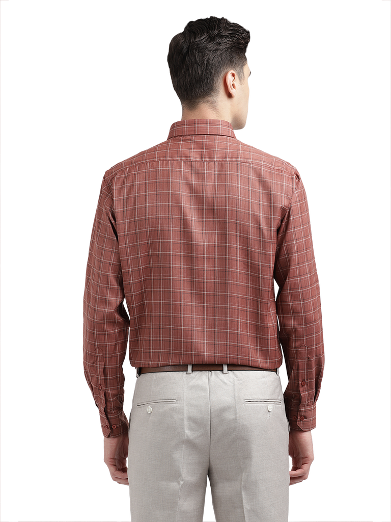 Model wearing Clarke Gable's Reddish Brown Checked Formal Shirt in a casual setting