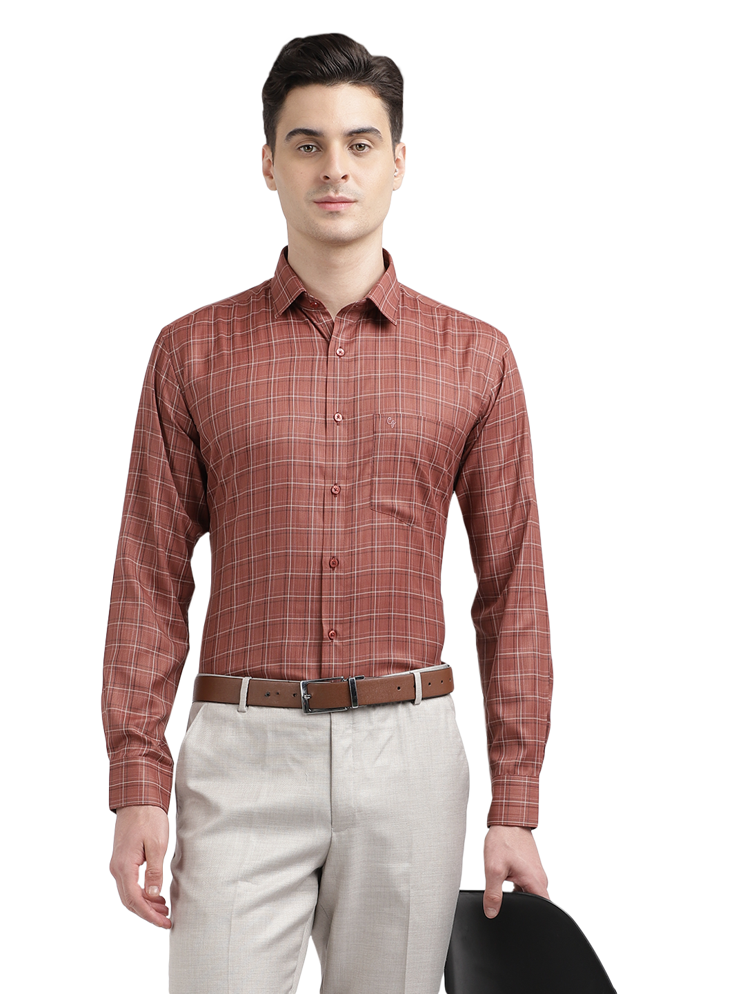 Model wearing Clarke Gable's Reddish Brown Checked Formal Shirt in a casual setting