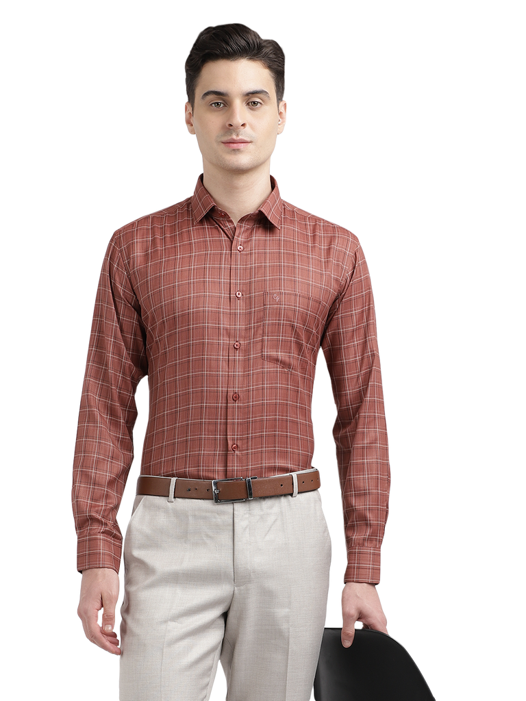 Model wearing Clarke Gable's Reddish Brown Checked Formal Shirt in a casual setting