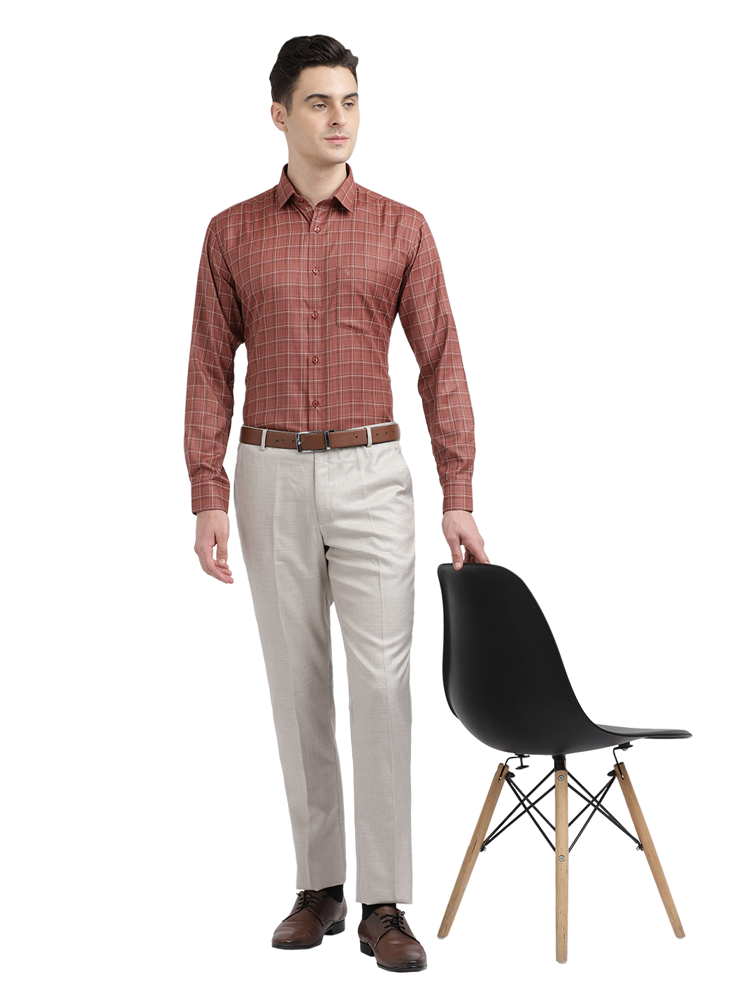 Model wearing Clarke Gable's Reddish Brown Checked Formal Shirt in a casual setting