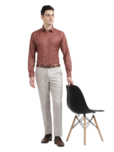 Model wearing Clarke Gable's Reddish Brown Checked Formal Shirt in a casual setting