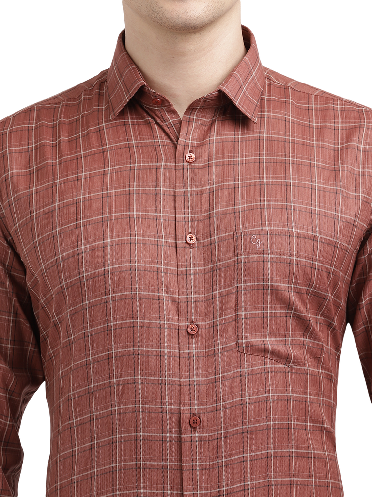 Model wearing Clarke Gable's Reddish Brown Checked Formal Shirt in a casual setting