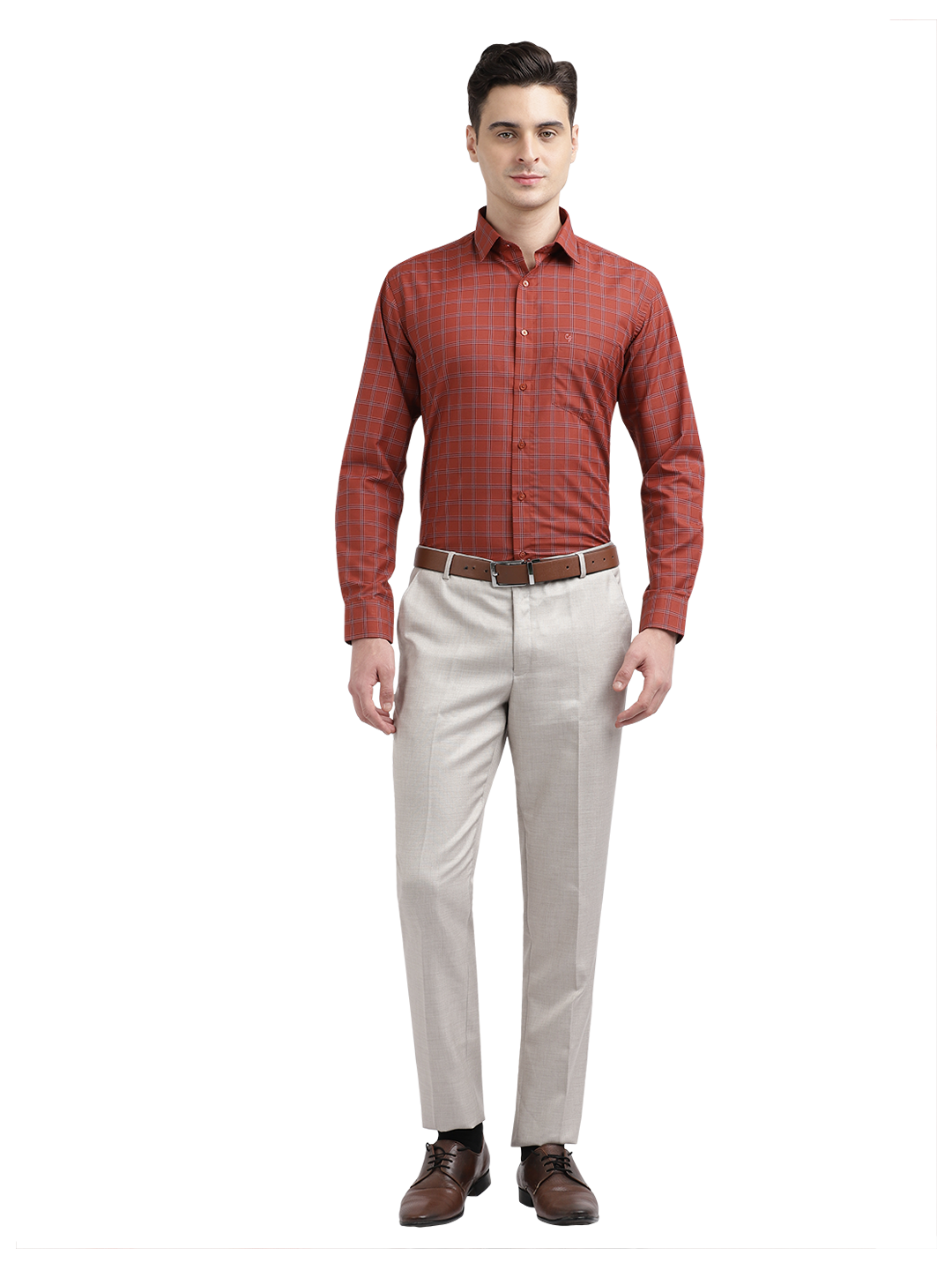 Model wearing Clarke Gable's Reddish Brown With White Checked Formal Shirt in a casual setting