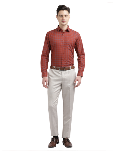 Model wearing Clarke Gable's Reddish Brown With White Checked Formal Shirt in a casual setting