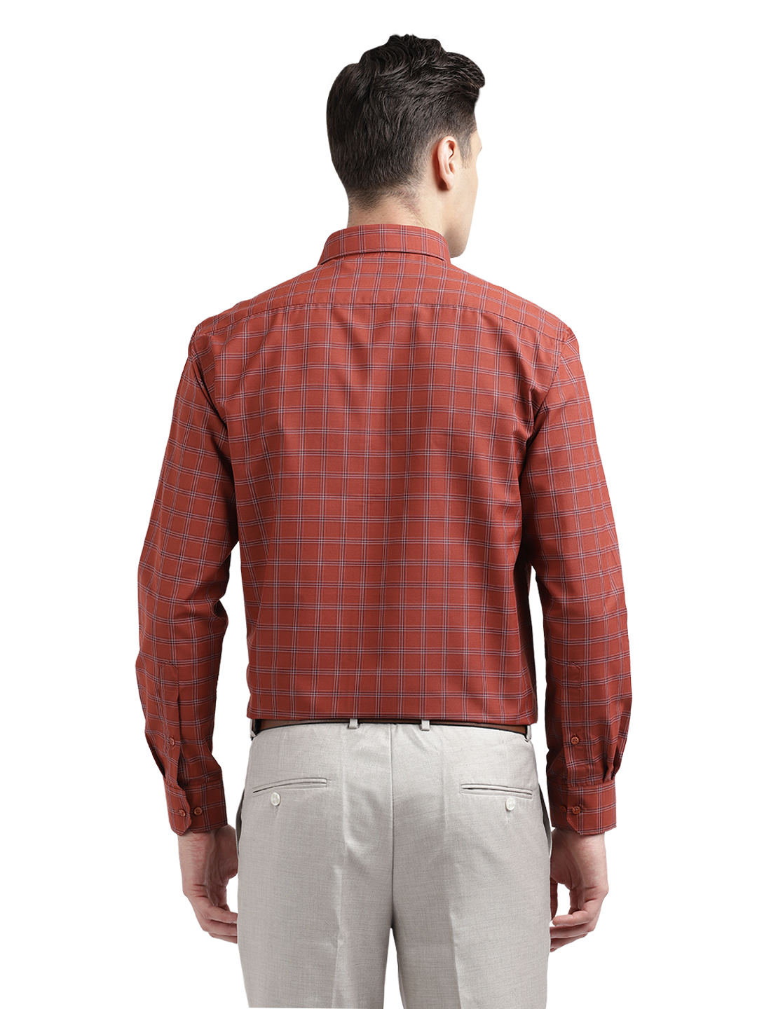 Model wearing Clarke Gable's Reddish Brown With White Checked Formal Shirt in a casual setting