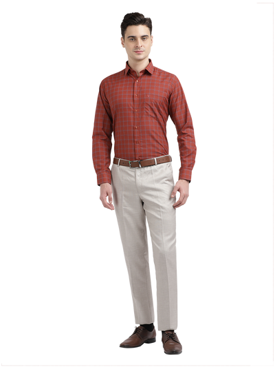 Model wearing Clarke Gable's Reddish Brown With White Checked Formal Shirt in a casual setting