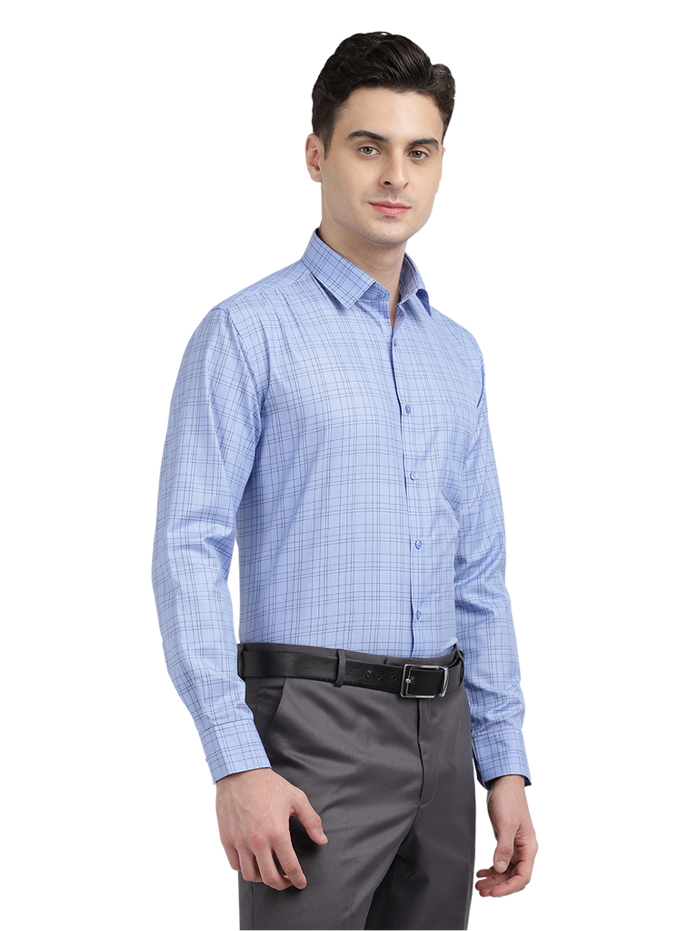 Model wearing Clarke Gable's Sea Blue Checked Formal Shirt in a casual setting