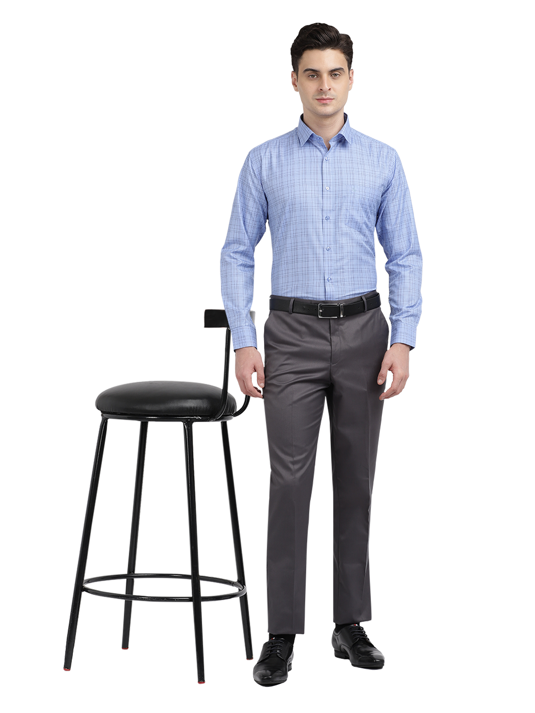 Model wearing Clarke Gable's Sea Blue Checked Formal Shirt in a casual setting