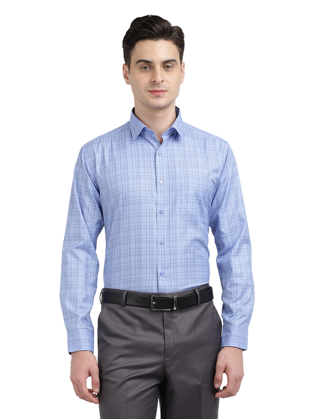 Model wearing Clarke Gable's Sea Blue Checked Formal Shirt in a casual setting