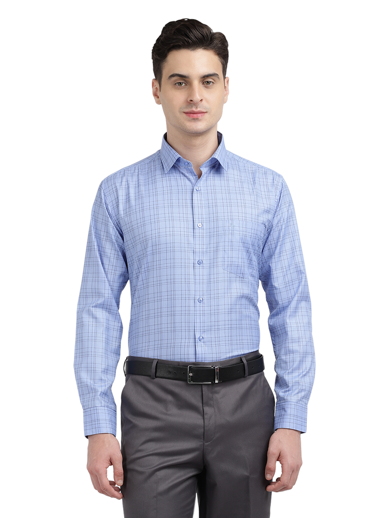 Model wearing Clarke Gable's Sea Blue Checked Formal Shirt in a casual setting