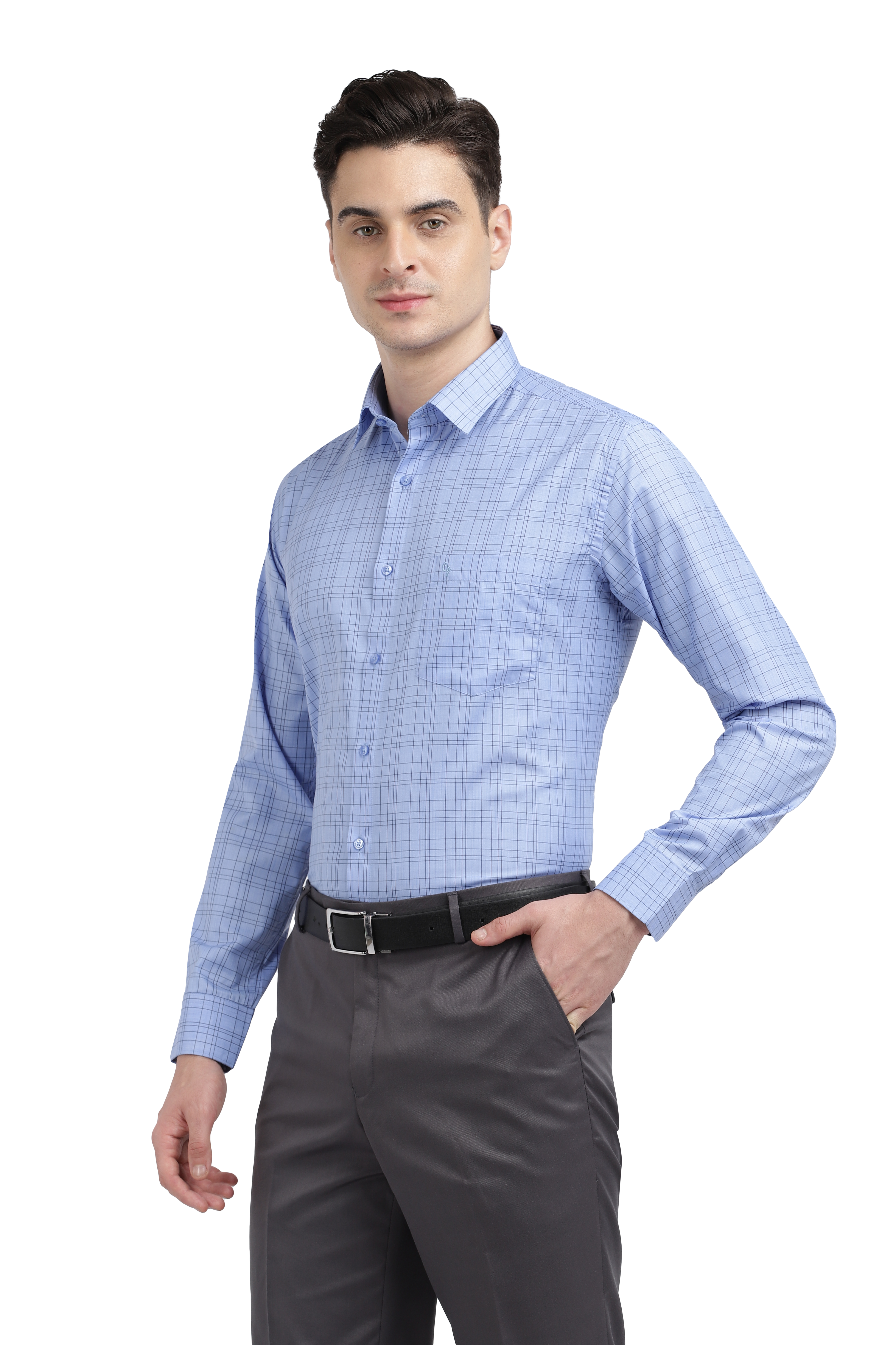 Model wearing Clarke Gable's Sea Blue Checked Formal Shirt in a casual setting