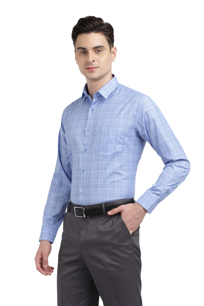 Model wearing Clarke Gable's Sea Blue Checked Formal Shirt in a casual setting