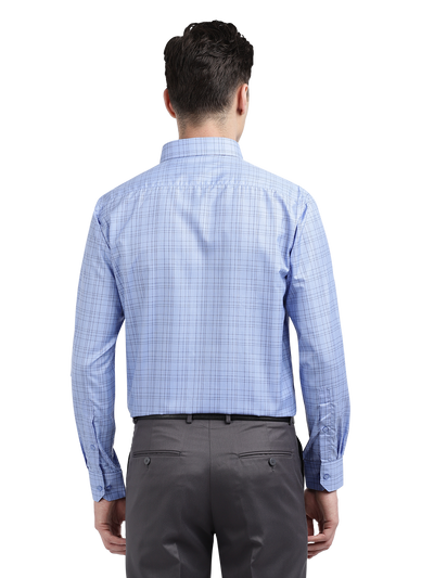 Model wearing Clarke Gable's Sea Blue Checked Formal Shirt in a casual setting