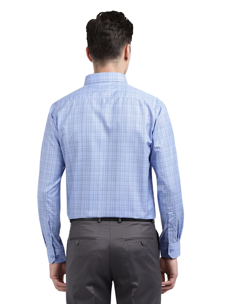 Model wearing Clarke Gable's Sea Blue Checked Formal Shirt in a casual setting