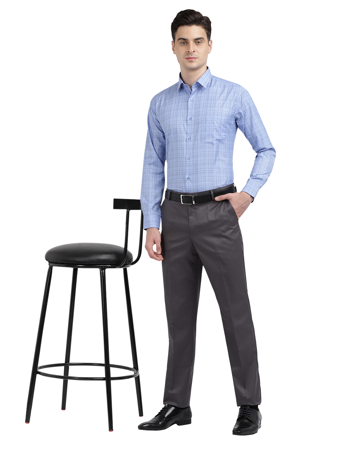 Model wearing Clarke Gable's Sea Blue Checked Formal Shirt in a casual setting