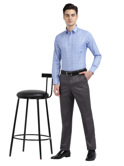 Model wearing Clarke Gable's Sea Blue Checked Formal Shirt in a casual setting