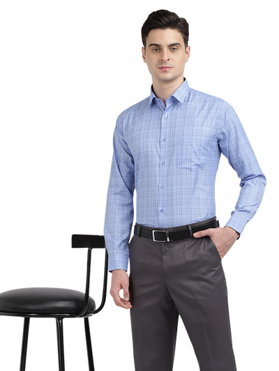 Model wearing Clarke Gable's Sea Blue Checked Formal Shirt in a casual setting