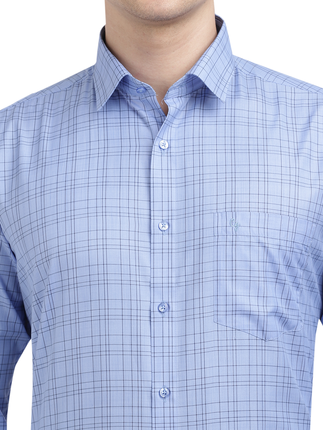 Model wearing Clarke Gable's Sea Blue Checked Formal Shirt in a casual setting