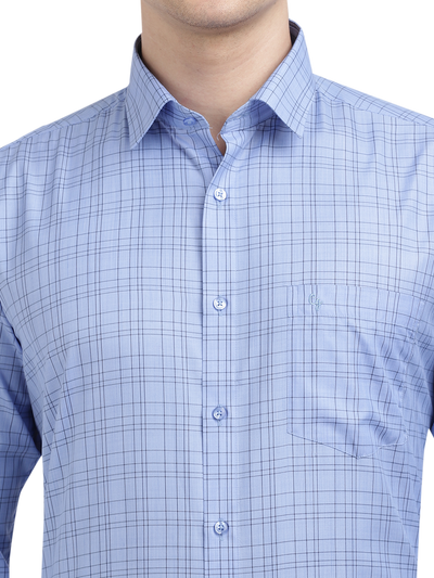 Model wearing Clarke Gable's Sea Blue Checked Formal Shirt in a casual setting