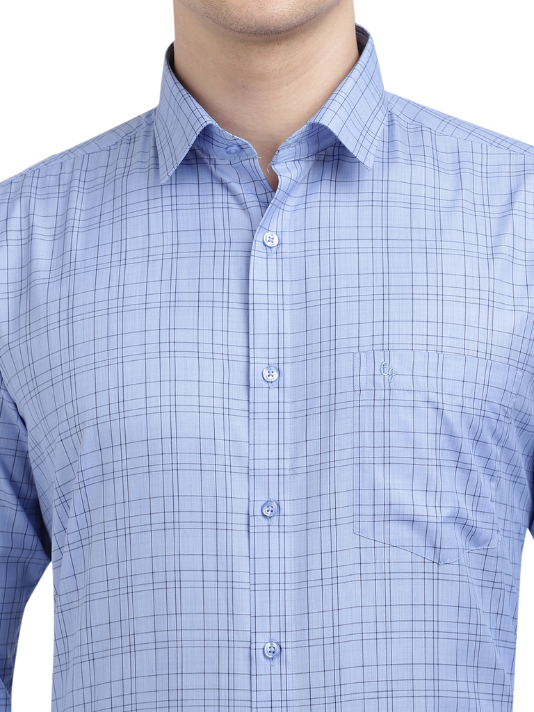 Model wearing Clarke Gable's Sea Blue Checked Formal Shirt in a casual setting