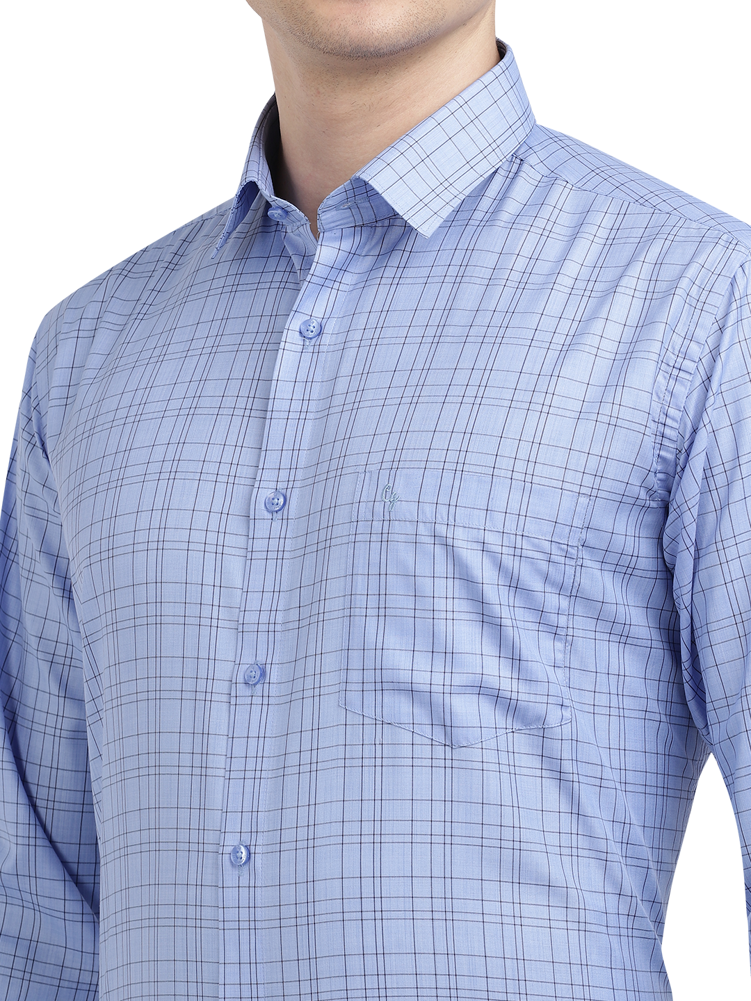 Model wearing Clarke Gable's Sea Blue Checked Formal Shirt in a casual setting