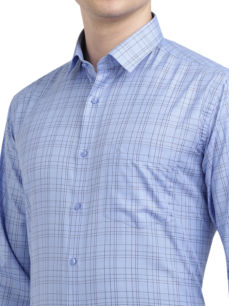 Model wearing Clarke Gable's Sea Blue Checked Formal Shirt in a casual setting