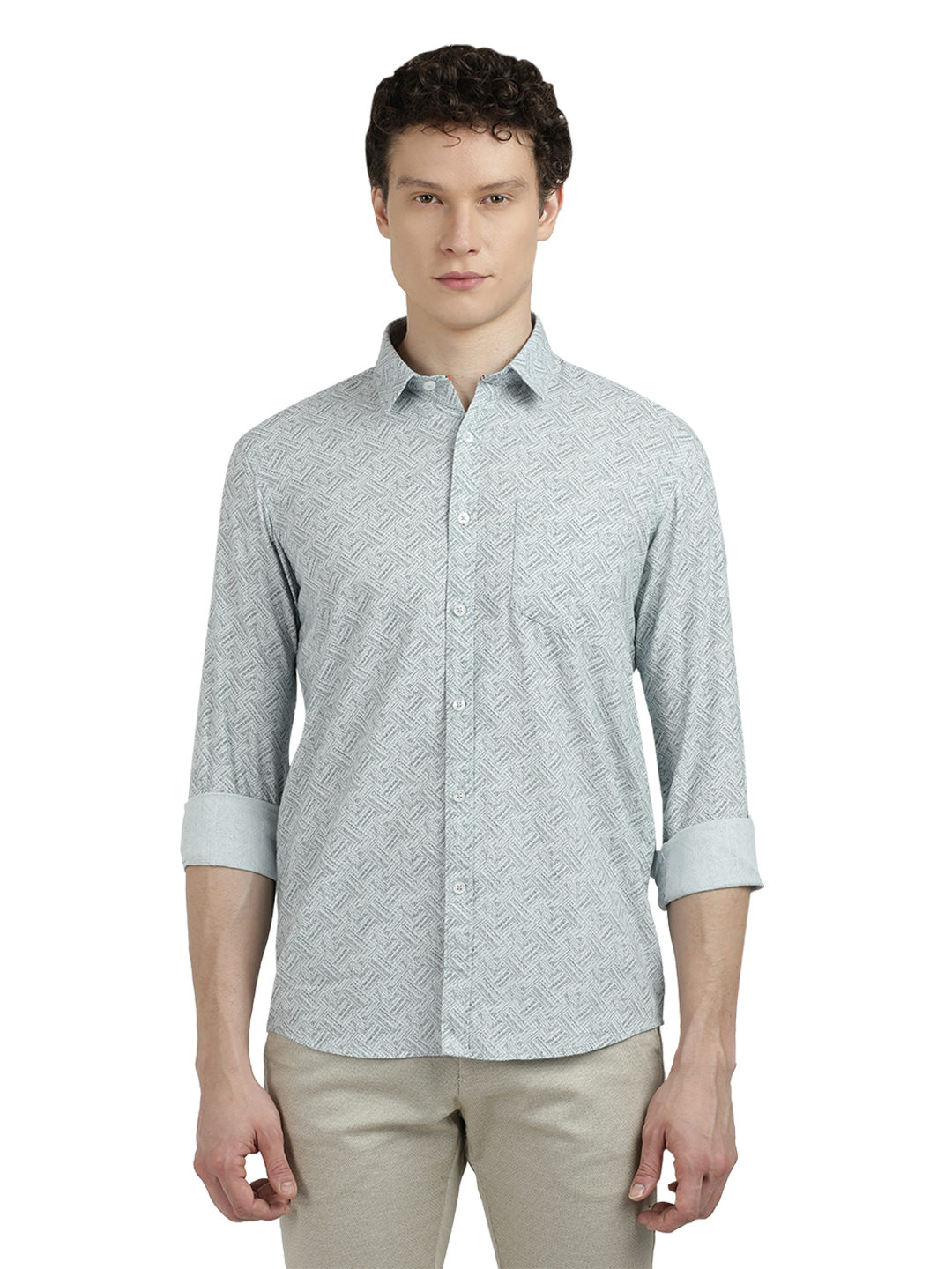 Model wearing Clarke Gable's Sea Blue Printed Semi Casual Shirt in a casual setting