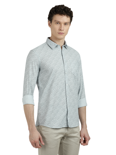 Model wearing Clarke Gable's Sea Blue Printed Semi Casual Shirt in a casual setting