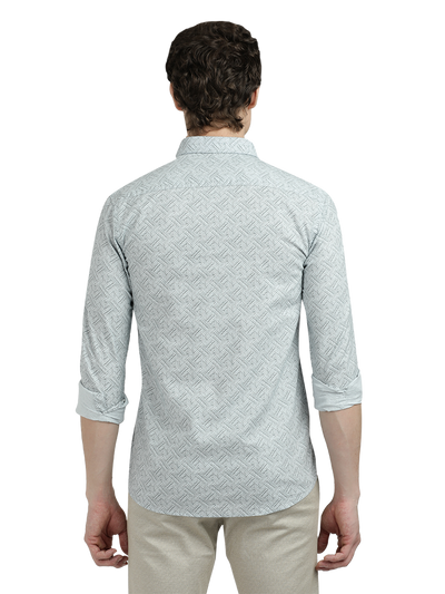 Model wearing Clarke Gable's Sea Blue Printed Semi Casual Shirt in a casual setting