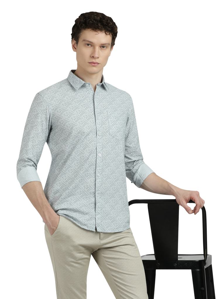 Model wearing Clarke Gable's Sea Blue Printed Semi Casual Shirt in a casual setting