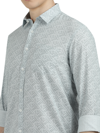 Model wearing Clarke Gable's Sea Blue Printed Semi Casual Shirt in a casual setting