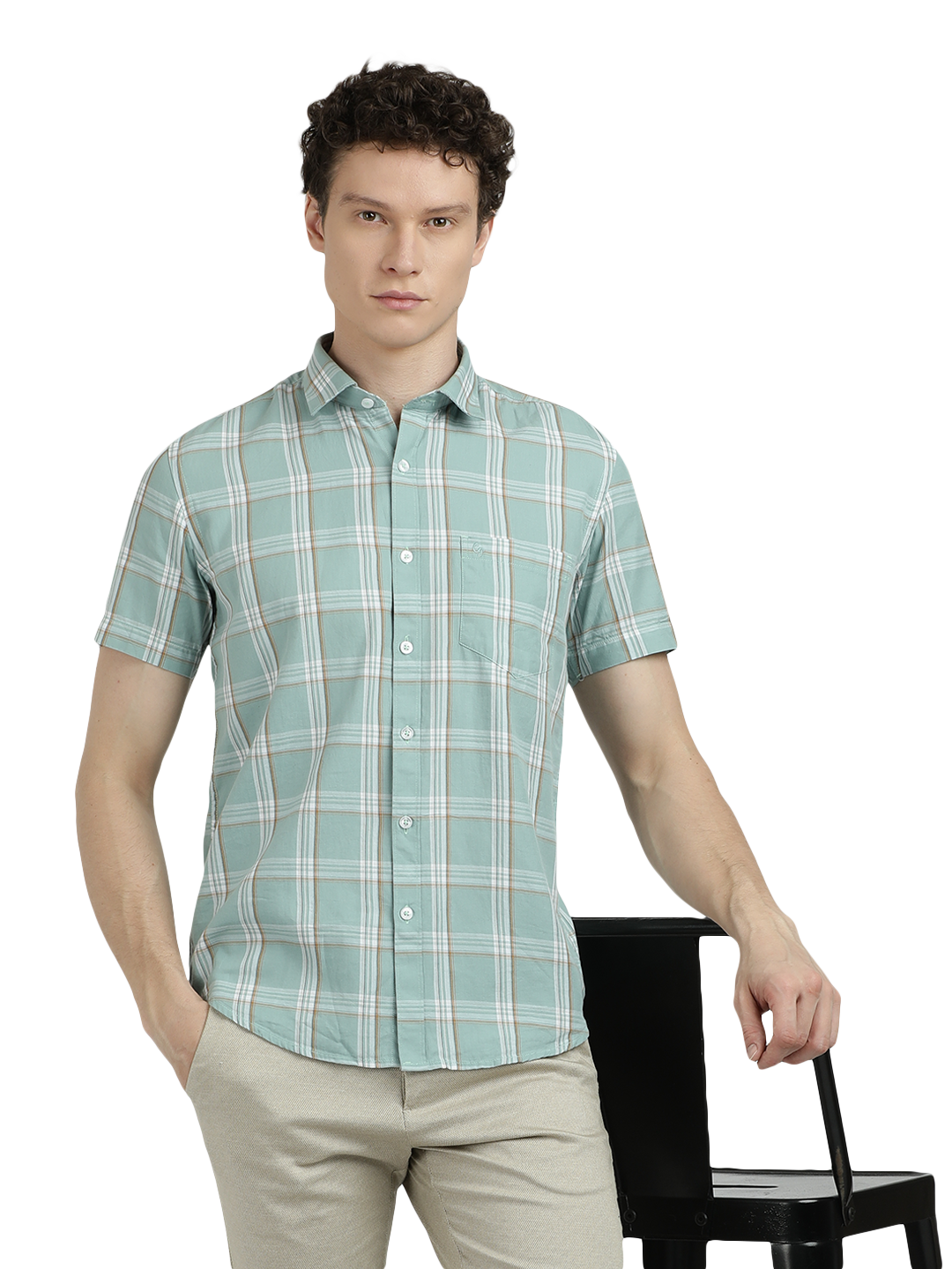 Model wearing Clarke Gable's Sea Blue With White Checked Semi Casual Shirt in a casual setting