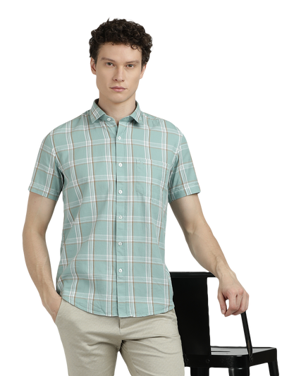 Model wearing Clarke Gable's Sea Blue With White Checked Semi Casual Shirt in a casual setting
