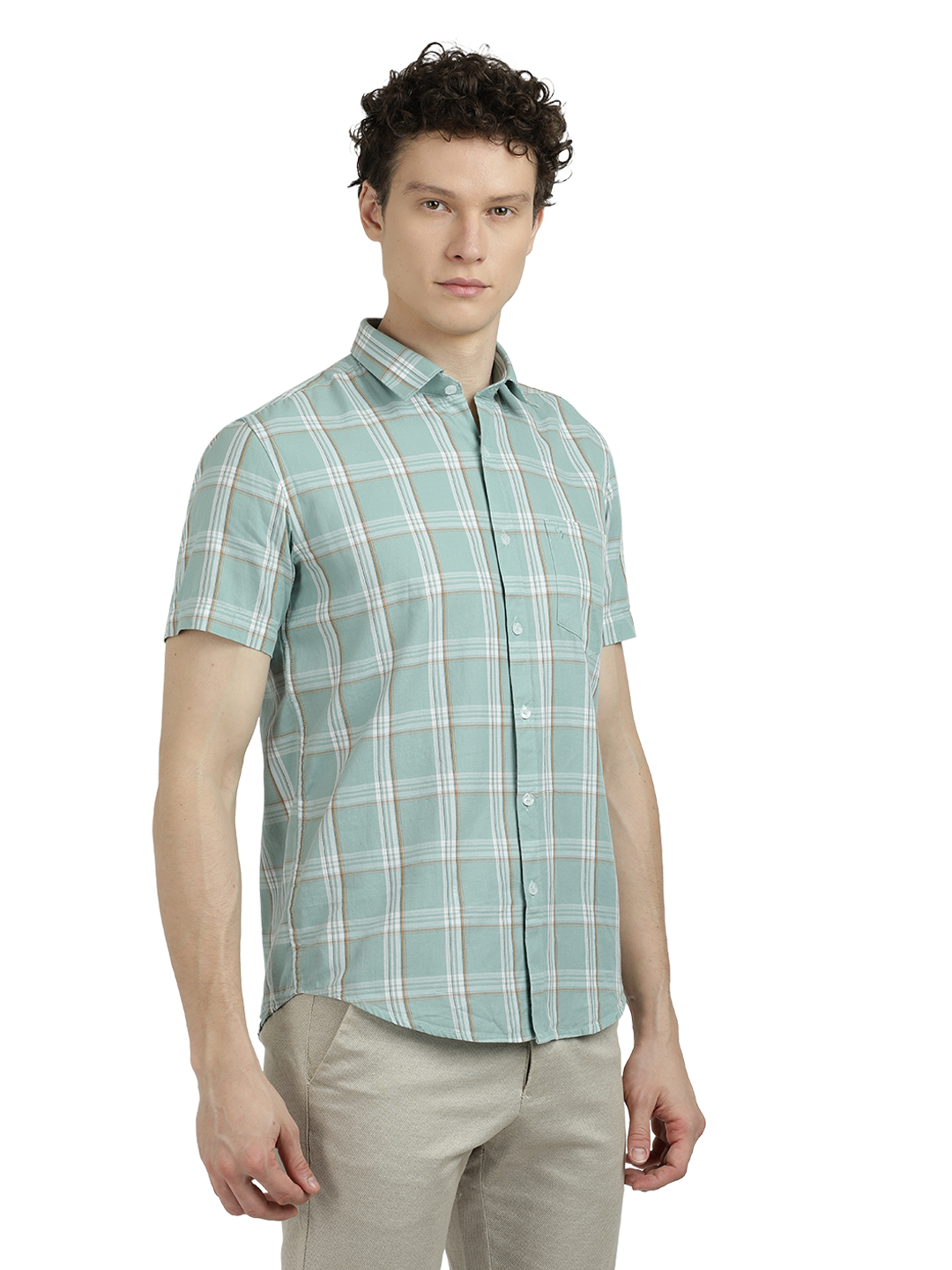 Model wearing Clarke Gable's Sea Blue With White Checked Semi Casual Shirt in a casual setting