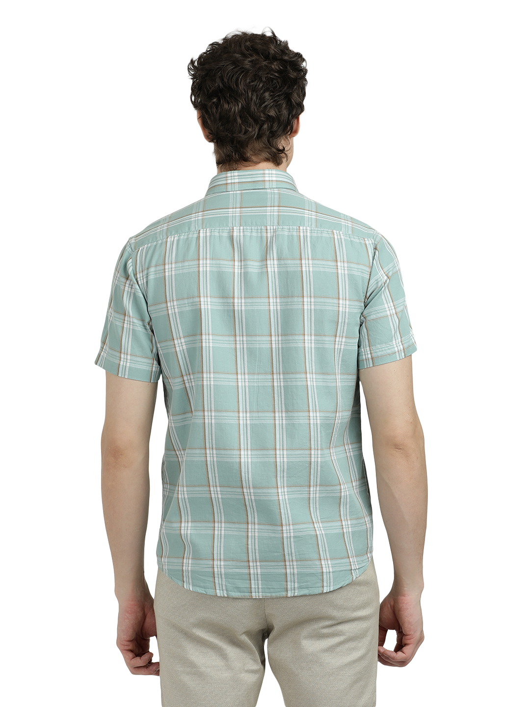 Model wearing Clarke Gable's Sea Blue With White Checked Semi Casual Shirt in a casual setting