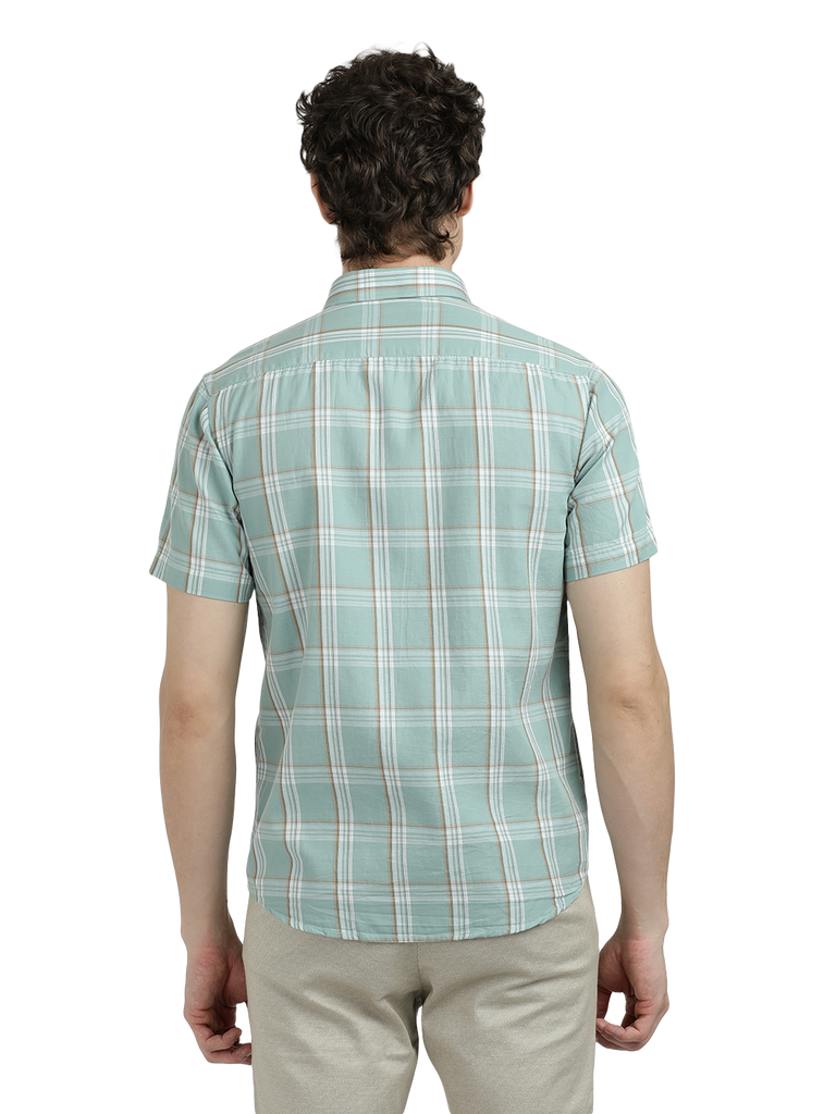 Model wearing Clarke Gable's Sea Blue With White Checked Semi Casual Shirt in a casual setting